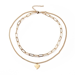 Golden PVD Vacuum Plating 304 Stainless Steel Double Chains Multi Layered Necklace with Heart Charms for Women, Golden, 16.34 inch(41.5cm)