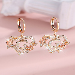 Letter G Серьги-кольца из латуни с микропаве и прозрачным кубическим цирконием в форме сердца, золотые, Буква G, 34x20 мм