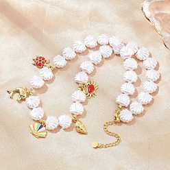 Real 18K Gold Plated Ocean Brass Enamel Sea Animals Pendant ABS Imitation Pearl Shell Shaped Beaded Necklaces, Rack Plating, Long-Lasting Plated, Cadmium Free & Lead Free, Colorful, Real 18K Gold Plated, 17.17 inch(43.6cm)