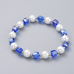 Blue Glass Beads Stretch Bracelets, with Stainless Steel Beads, Round & Cube, Blue, 2-1/8 inch(5.5cm)