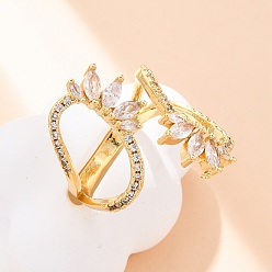 Настоящее золото 18K Латунные прозрачные кубические цирконии конский глаз манжеты кольца для женщин, стойки покрытие, без кадмия и без свинца, долговечный, реальный 18 k позолоченный, внутренний диаметр: 19 мм