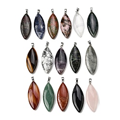 Смешанные камни Натуральные смешанные камни большие подвески, Подвески в виде конского глаза с 304 защелкивающимися креплениями из нержавеющей стали, цвет нержавеющей стали, смешанные окрашенные и неокрашенные, 55~55.5x20~20.5x7.5~8 мм, отверстие : 6.5x4 мм