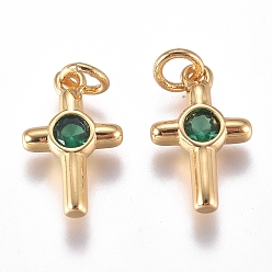 Зеленый Латунные микропейв с кубическим цирконием крошечные крестики, с целью перехода в кольце, долговечный, золотые, зелёные, 12.5x8x2 мм, отверстие : 3 мм