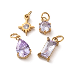 Lilac 4Pcs 4 Styles 304 Stainless Steel & Glass Pendants, Star & Flat Round & Teardrop & Rectangle, with Jump Ring, Faceted, Ion Plating(IP), Long-Lasting Plated, Lilac, 10~14x6.5~8x3~5mm, Hole: 3mm
