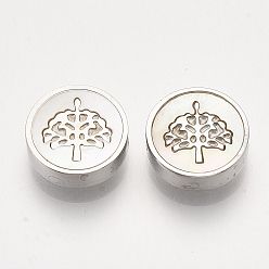 Stainless Steel Color 304 Stainless Steel Beads, with Shell, Flat Round with Tree of Life, Stainless Steel Color, 9.5~10x3mm, Hole: 1.5mm