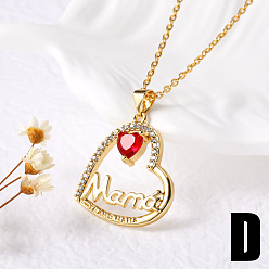 Золотой Подвеска в виде сердца из латуни с прозрачными и красными кубическими циркониями в виде сердечек — подарок на День матери., золотые, 17.72 дюйм (45 см), Кулон : 27x23 мм