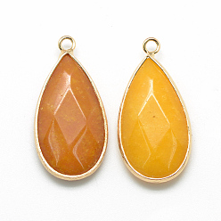 Gold Natural White Jade Pendants, with Golden Tone Brass Findings, Faceted, teardrop, Dyed, Gold, 32.5~33x16x6mm, Hole: 2.5mm