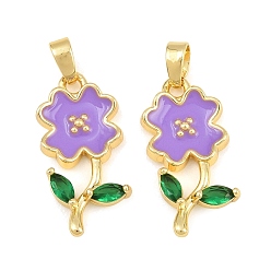 Pourpre En laiton avec pendentifs en émail, fleur avec breloques feuilles, réel 18 k plaqué or, pourpre, 21x10x2mm, Trou: 5x3mm