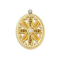 (932FM) Темно-синий аква-матовый с подкладкой 304 нержавеющей стальной эмали подвески, овал с подвеской в виде цветка, с кристально горный хрусталь, вакуумное покрытие pvd, реальный 18 k позолоченный, темно-золотистые, 22.5x15.5x2 мм, отверстие : 1.4 мм