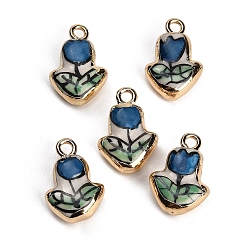 Blue Handmade Porcelain with Brass Pendants, Tulip Charms, Hand Painted, Famille Rose Porcelain, Golden, Blue, 21.5~22x14.5~15.5x7~8mm, Hole: 2.5mm