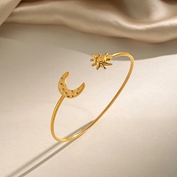 Real 18K Gold Plated 304 Stainless Steel Textured Sun Moon Open Cuff Bangles for Women, Ion Plating(IP), Real 18K Gold Plated, Inner Diameter: 2.05 inch(5.2cm)x2.56 inch(6.5cm)