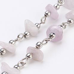Kunzite Handmade Kunzite Chip Chains, Unwelded, with Iron Eye Pin and Brass Beads, 39.37 inch, 1m/strand