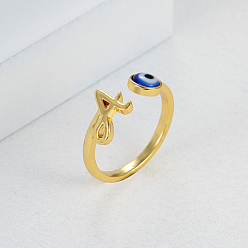 Blau Goldener Messingbuchstabe A, offene Manschettenringe, Ring mit bösem Blick, Blau, Innendurchmesser: 16~18 mm