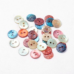 Mixed Color 2-Hole Shell Buttons, Dyed, Flat Round, Mixed Color, 9x1mm, Hole: 1.5mm, 144pcs/gross
