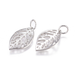 Platinum Brass Pendants, with Micro Pave Cubic Zirconia and Jump Rings, Leaf, Clear, Platinum, 16.5x10x2.5mm, Hole: 3.5mm