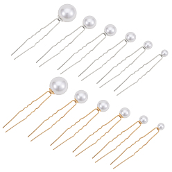 Golden & Silver Wedding Bridal Hair Forks Sets, with U Shape Iron Barrette and ABS Plastic Imitation Pearl, Golden & Silver, 71~84mm, Pin: 1mm, 36pcs/set
