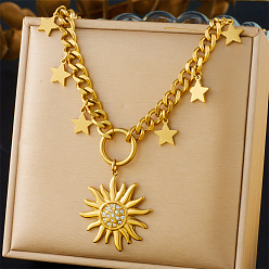 Солнце 304 ожерелья с подвесками из нержавеющей стали с микропаве из прозрачных кубических цирконий, золотые, солнце, 13.31 дюйм (33.8 см)