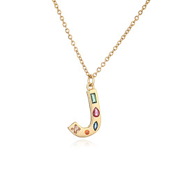 Letter J Ожерелья с подвесками-инициалами из латуни и разноцветными кубическими цирконами для женщин, реальный 18 k позолоченный, буква J, 17.72 дюйм (45 см), Кулон : 24x13 мм