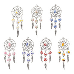 (52) Непрозрачная лаванда Тибетский сплав стиля большие кулоны, паутина с пером, с фарфоровой керамикой с цветочным принтом ручной работы, античное серебро, разноцветные, 75x28.5x9 мм, отверстие : 1.8 мм