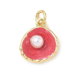 Красный Оболочка латунные амулеты, с абс пластмассовой имитационной жемчужиной, реальный 18 k позолоченный, без кадмия и без свинца, с целью перехода в кольце, красные, 14.5x13x5 мм, отверстие : 3 мм