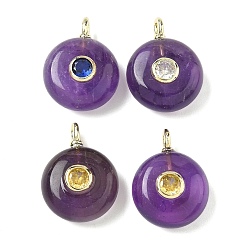 Аметист Природный аметист плоские круглые подвески, с латунными микро проложить кубических выводы циркония, золотые, 18.5x14x8 мм, отверстие : 2x1 мм