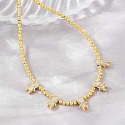 Real 18K Gold Plated Brass Micro Pave Clear Cubic Zirconia Boy and Round Beaded Necklaces, Cadmium Free & Lead Free, Rack Plating, Long-Lasting Plated, Real 18K Gold Plated, 17.20 inch(43.7cm)