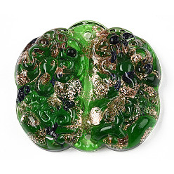 Green Handmade Gold Sand Lampwork Links Connectors, Auspicious Clouds, Green, 45x41x10mm, Hole: 2mm