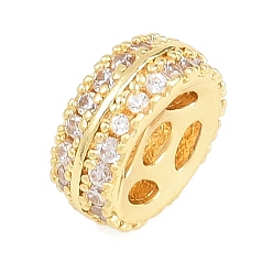 Настоящее золото 18K Латунные микропаве прозрачные бусины из кубического циркония, без кадмия и без свинца, плоско-круглые, реальный 18 k позолоченный, 8.5x3.5 мм, отверстие : 2 мм