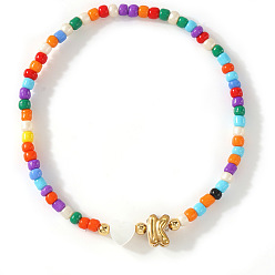 Letter K Красочные круглые браслеты из стеклянного бисера, эластичные, 304 Браслеты из нержавеющей стали с подвесками в виде ракушек для женщин, письмо и сердце, золотые, Письмо K, 6.89 дюйм (17.5 см)