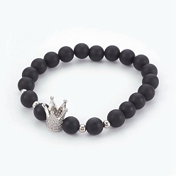 Platinum Natural Black Agate(Dyed & Heated) Beads Stretch Bracelets, with Brass Micro Pave Cubic Zirconia Beads, Crown, Clear, Platinum, 2-1/8 inch(5.5cm)