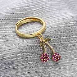 Вишня Открытые манжеты из латуни с микропаве и цирконием для женщин, стойки покрытие, прочное покрытие, без кадмия и без свинца, реальный 18 k позолоченный, вишня, 19x12.5 мм, размер США 6 1/4 (16.7 мм)