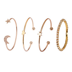 Light Gold 4Pcs 4 Style Alloy Moon & Star & Heart Open Cuff Bangles Set, Tennis Chains Bangles for Women, Light Gold, 2-3/8 inch(6cm), 1Pc/style