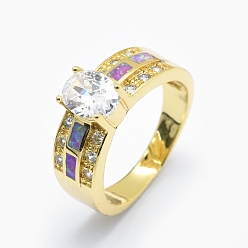 Золотой Кубические кольца из циркония, с синтетическим опалом и медными находками, долговечный, овальные, Размер 7, прозрачные, золотые, 17.5 мм