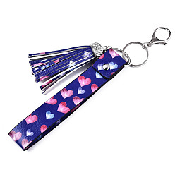Mauve PU Leather Tassel Keychain, with Rhinestone, Plastic, Alloy Lobster Claw Clasps and Iron Split Key Rings, Heart Pattern, Platinum, Mauve, 22.7cm