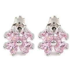 Pink Серьги-гвоздики клевер с кубическим цирконием, стеллаж для латунных украшений для женщин, платина, розовые, 10x10 мм