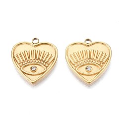 Настоящее золото 14K 304 подвески из нержавеющей стали, со стразами, сердце и сглаз, реальный 14 k позолоченный, 20x18x2.5 мм, отверстие : 1.8~2 мм