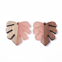 Pink Подвески из смолы и ореха, подвески из тропических листьев, подвеска из листьев монстера, розовые, 30x28x3.5 мм, отверстие : 2 мм