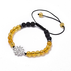 Manipura Chakra Jewelry, Adjustable Nylon Thread Braided Bead Bracelets, with Natural Citrine(Dyed & Heated) & Synthetic Lava Rock Beads, Non-Magnetic Synthetic Hematite Beads and Alloy Links, Manipura, Inner Diameter: 1-7/8~3-1/2 inch(4.8~9cm), Link: 20x14x1.3mm