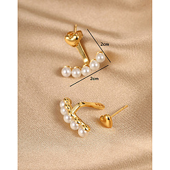 Heart Real 18K Gold Plated Alloy Stud Earrings, with Imitation Pearl Beads, Heart, 20x20mm