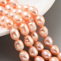 Light Salmon Natural Cultured Freshwater Pearl Beads Strands, Grade 5A, Oval, Light Salmon, 8~9mm, Hole: 0.6mm, about 19pcs/strand, 7.48''(19cm)