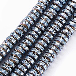 Steel Blue Electroplated Natural Lava Rock Beads Strands, Flat Round/Disc, Heishi Beads, Bumpy, Steel Blue, 8.5x4mm, Hole: 1mm, about 104~105pcs/strand, 15.75 inch~15.94 inch(40cm~40.5cm)