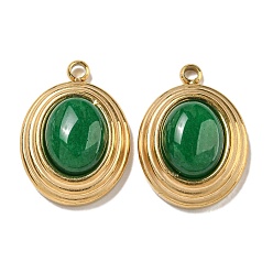 Нефрит Подвески, окрашенные в натуральный зеленый нефрит, 304 из нержавеющей стали овальные амулеты, золотые, 19x14x7 мм, отверстие : 1.8 мм