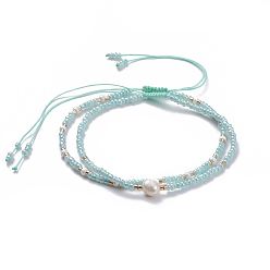 Lime Green Braided Beaded Bracelets, with Glass Seed Beads, Pearl Bead and Burlap Bags, Lime Green, 2-1/8 inch(5.5cm), 2pcs/set