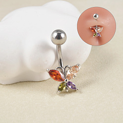 Разноцветный 304 кольца из нержавеющей стали живота, с микро проложить кубического циркония, бабочка, цвет нержавеющей стали, красочный, штифты : 10x1.6 мм