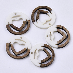 Creamy White Resin & Walnut Wood Pendants, Ring with Heart, Creamy White, 25x3mm, Hole: 1.8mm