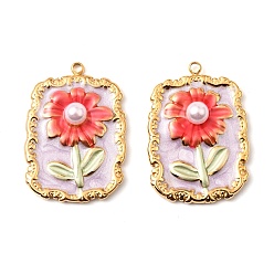 Ярко-Розовый 304 нержавеющей стальной эмали подвески, с имитацией жемчуга из АБС, прямоугольник с цветочной подвеской, золотые, ярко-розовый, 25.5x18x5 мм, отверстие : 1.5 мм