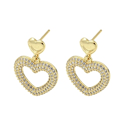 Real 18K Gold Plated Heart Rack Plating Brass Micro Pave Cubic Zirconia Dangle Stud Earrings, Long-Lasting Plated, Lead Free & Cadmium Free, Real 18K Gold Plated, 26x18mm