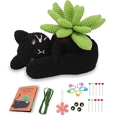 Black Cat Plant Crochet Kit, including Polyester Yarn, Crochet Needle, Yarns, Needle Threads, Stitch Marker and Craft Eye, Black, 16x14cm