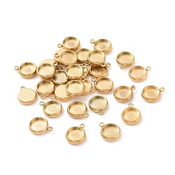 Golden Ion Plating(IP) 304 Stainless Steel Pendant Cabochon Settings, Lace Edge Bezel Cups, Flat Round, Golden, Tray: 8mm, 13x10.5x3mm, Hole: 1.8mm