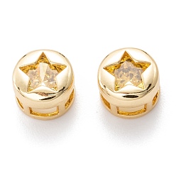 Светло-желтый Настоящие 18 многожильные звенья из позолоченной латуни с инкрустацией из кубического циркония, плоские круглые со звездой, на Рождество, светло-желтый, 8x5.5 мм, отверстие : 3.2x2.2 мм